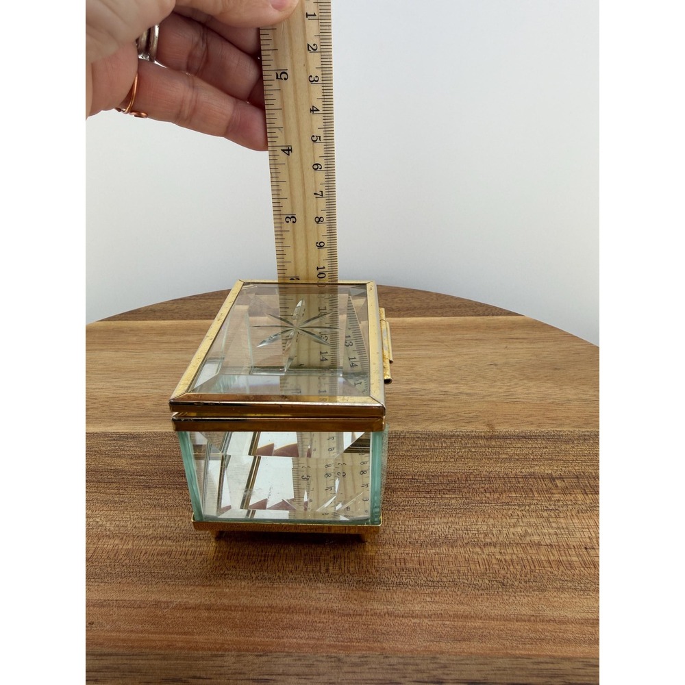Vintage Beveled Glass Trinket Box Starburst Jewelry Box Brass Trim Pointed Feet - Picture 10 of 17